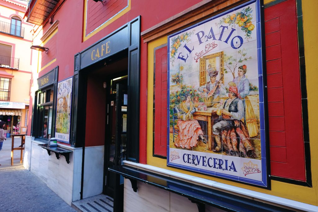 Tiled panel sign board for tapas bar, Seville, Andalucia, Spain, Europe